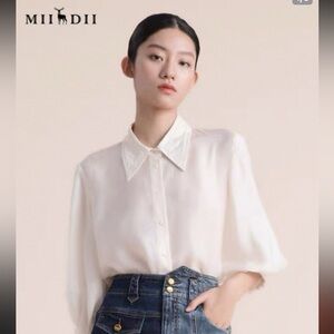 MiiDii Elegant Women's Button-Down Blouse - Cream